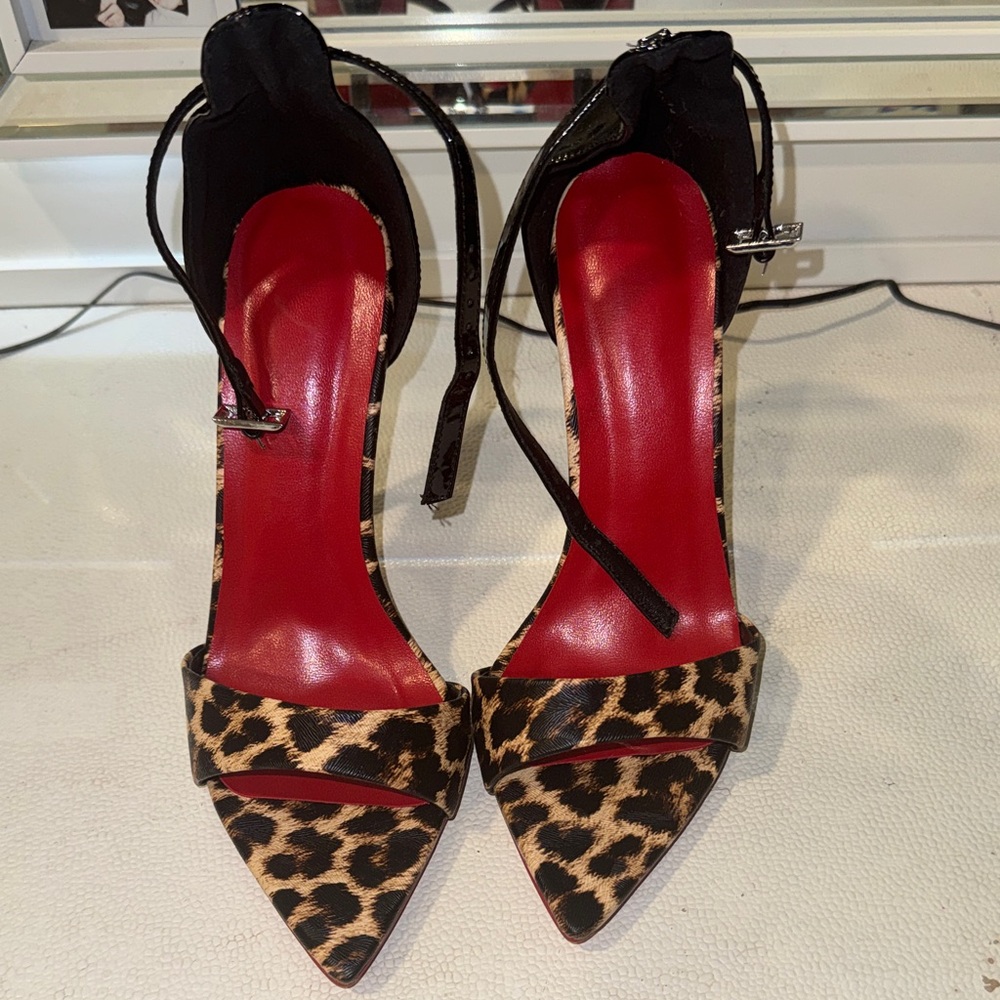 Leopard Print Pointed Toe Ankle Strap Heels - Red Insole